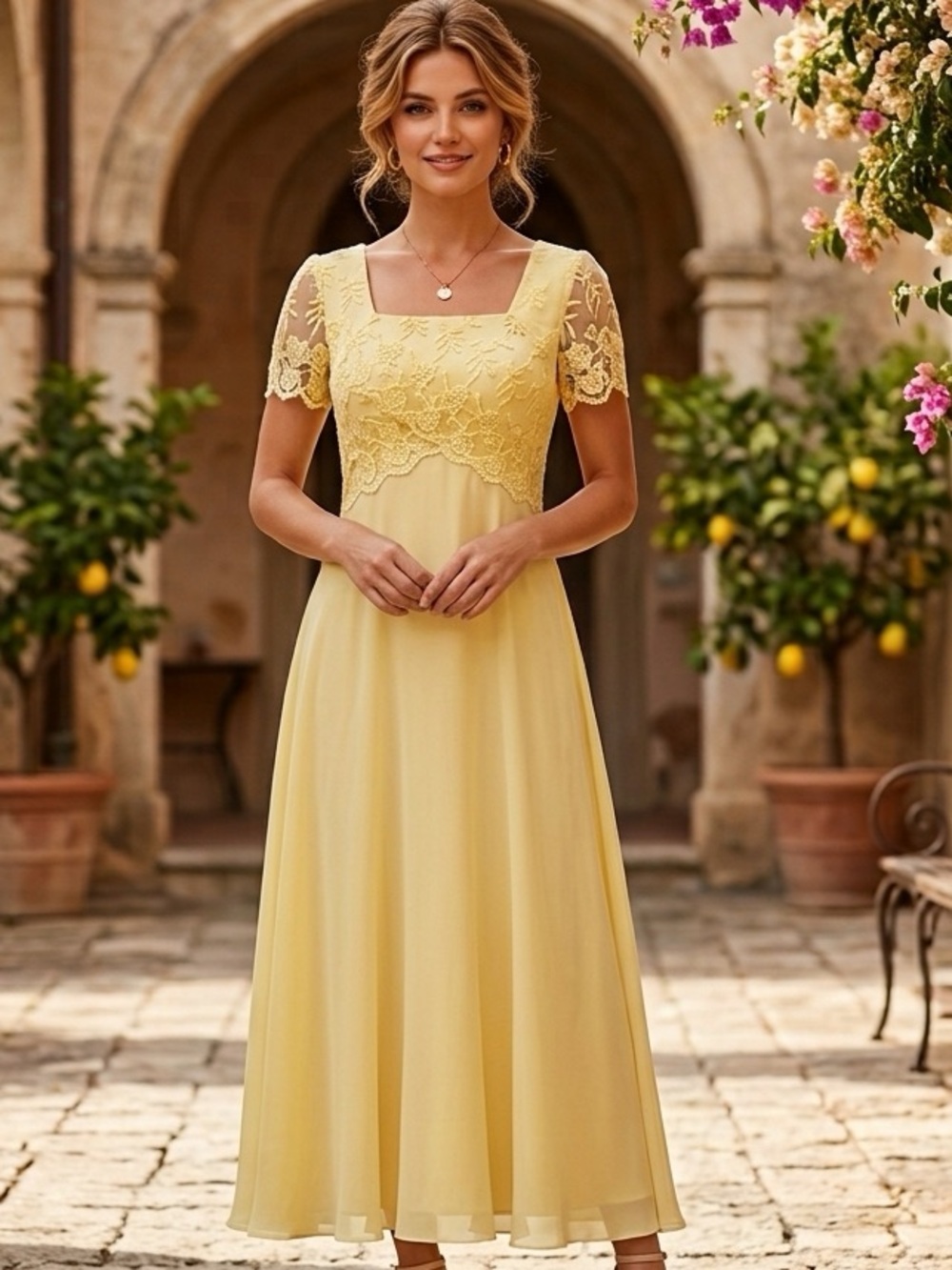Rhapsody vintage Lace-Embellished Maxi Dress chiffon, pale yellow lined size 8